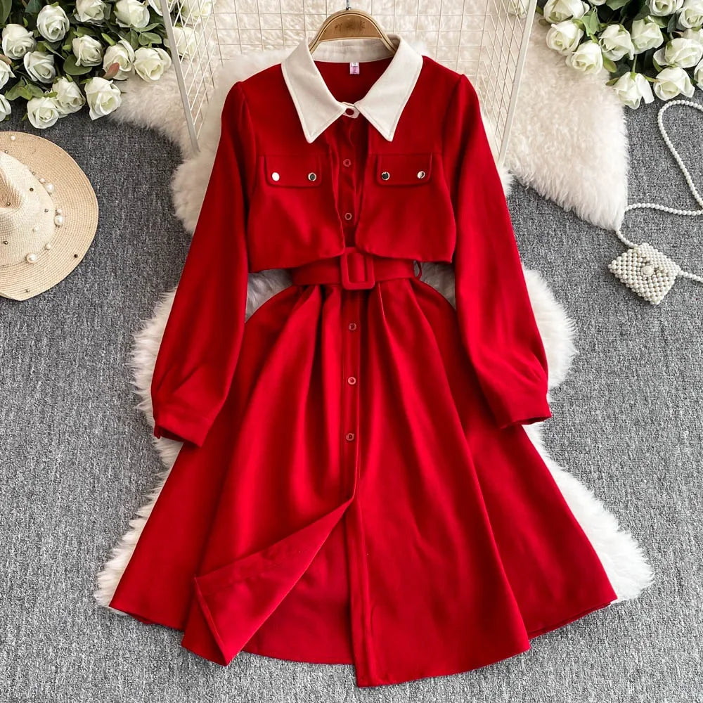 Vintage Red Belted Long-sleeve Button-down Dress
