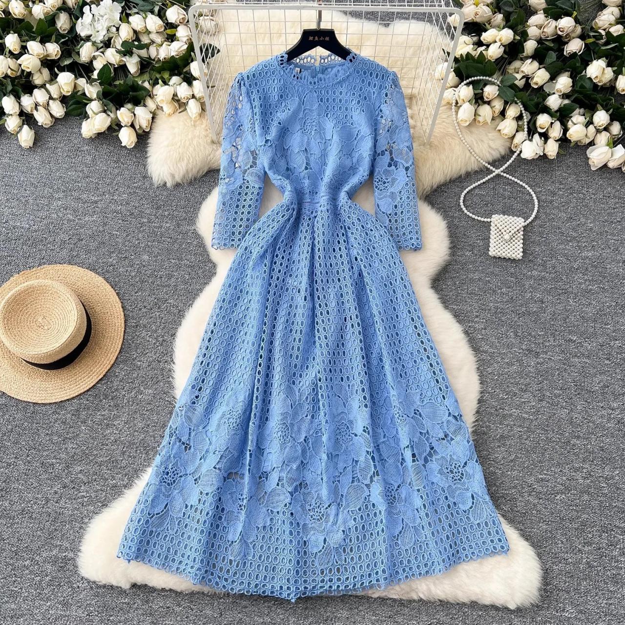 blue lace dress with white collar Navy Blue Lace Short Homecoming Dress With Collar 3/4 Sleeves - $60.48  #S1482