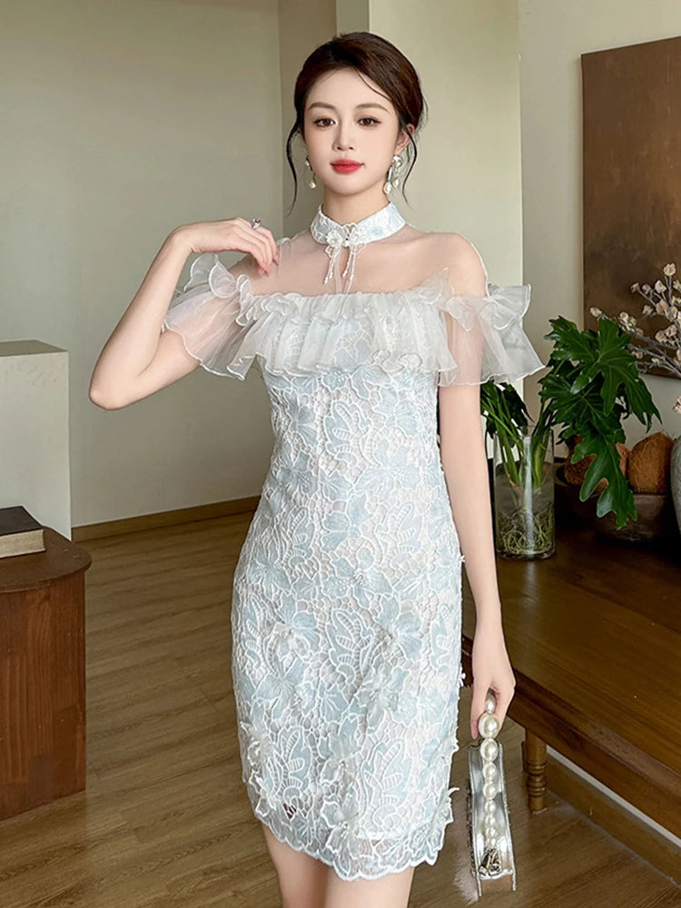 white lace off shoulder midi dress Off-shoulder White Lace Ruffle Midi Dress