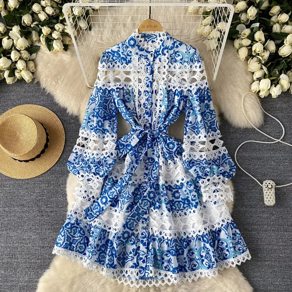 Blue Floral Long-sleeve Dress With Cutout Detail