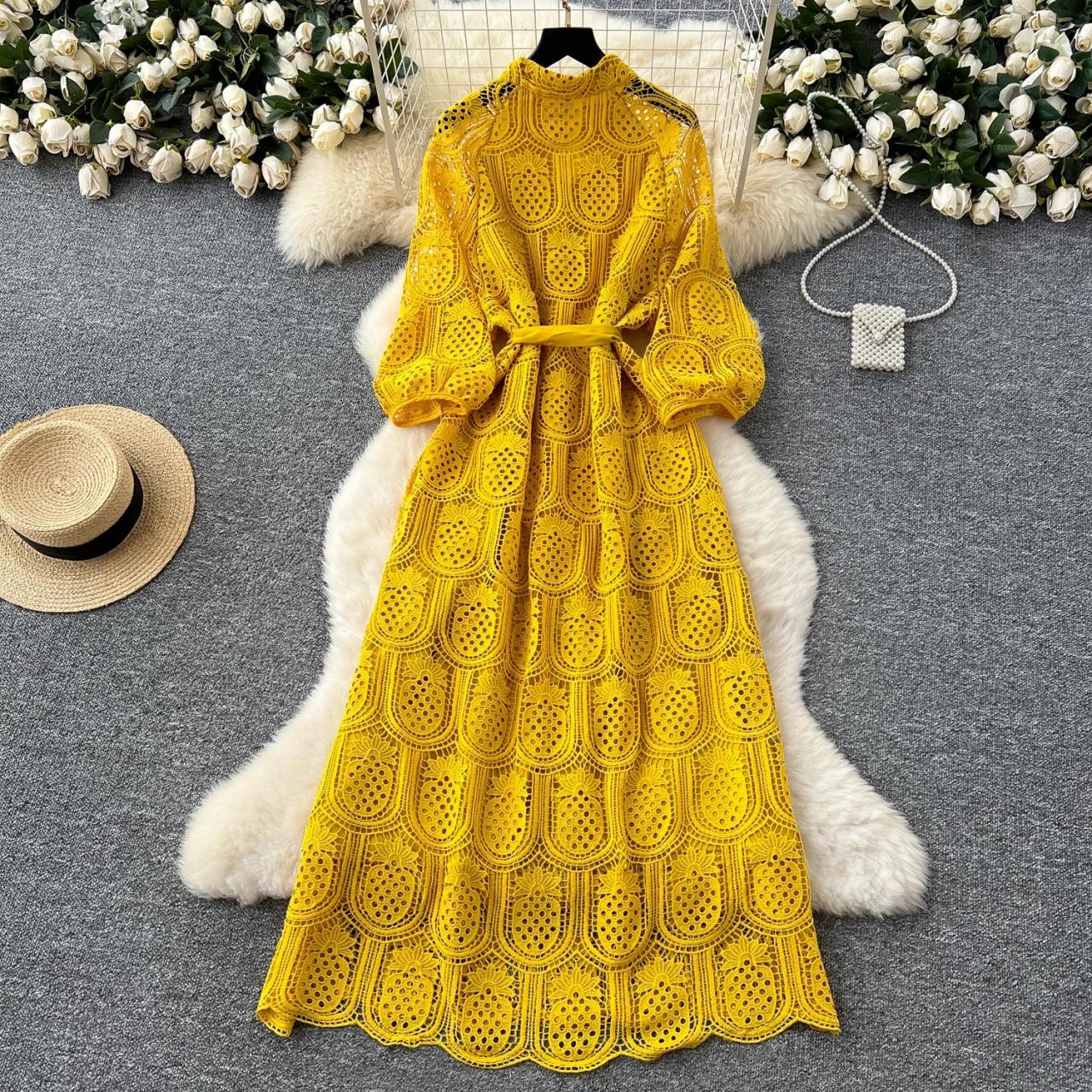 yellow lace maxi dress Long Sleeve Draped Bardot Inspired by boudoir dress codes Yellow Lace Maxi Dress With