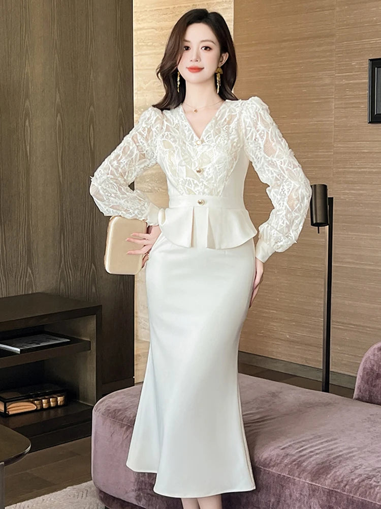 knee length dresses for ladies White Floral Linen Blend Peplum Midi Dress – self-portrait-US main image 0