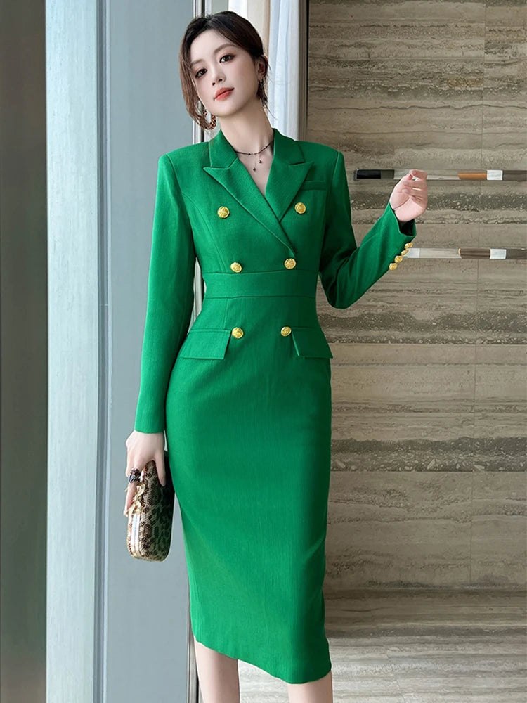 fitted lace wedding dress Zapaka Women Black Long Sleeves Pencil Blazer Dress Double Breasted Midi Work Dress with Pockets, Black / 3XL main image 1