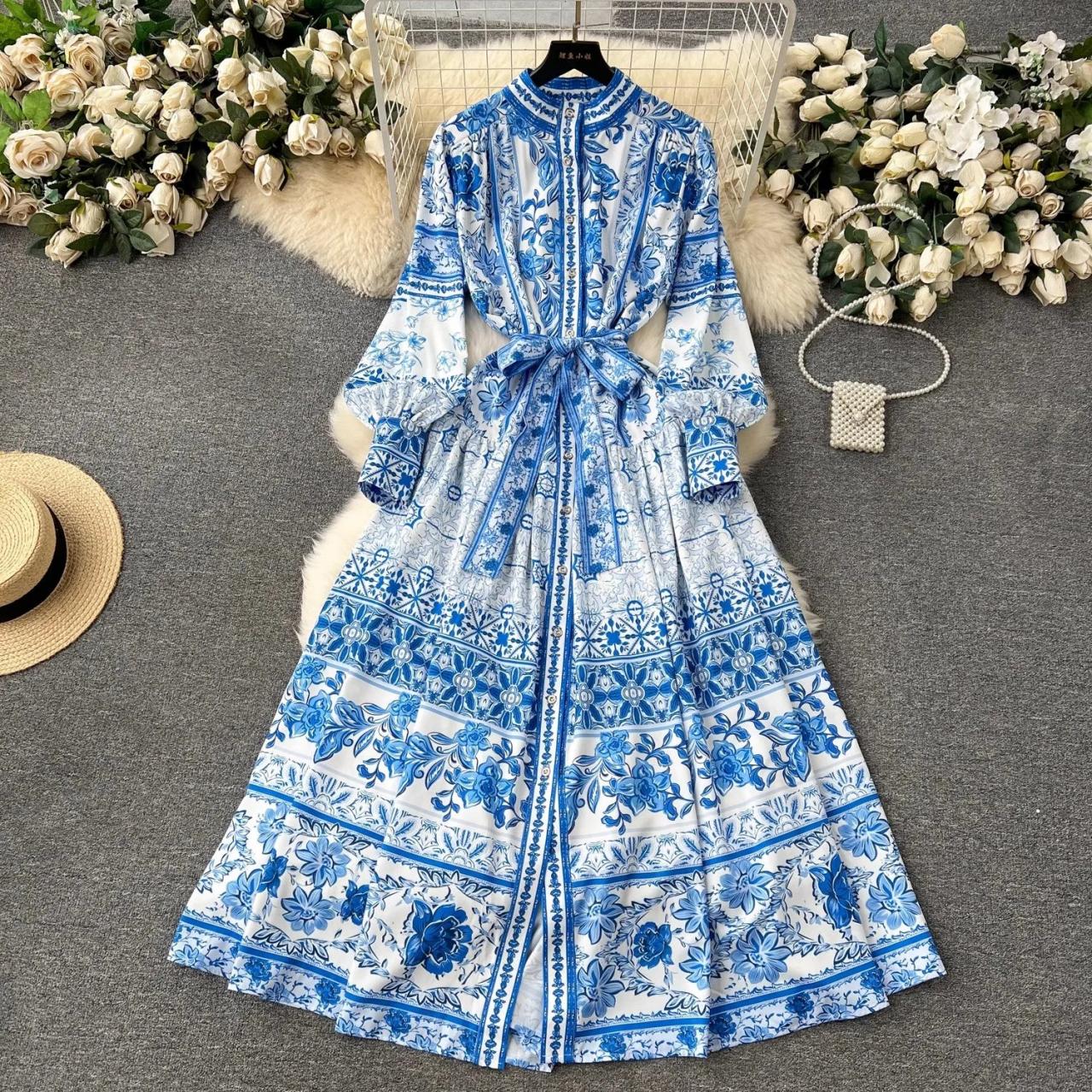 Floral Blue Long Sleeve Maxi Shirt Dress