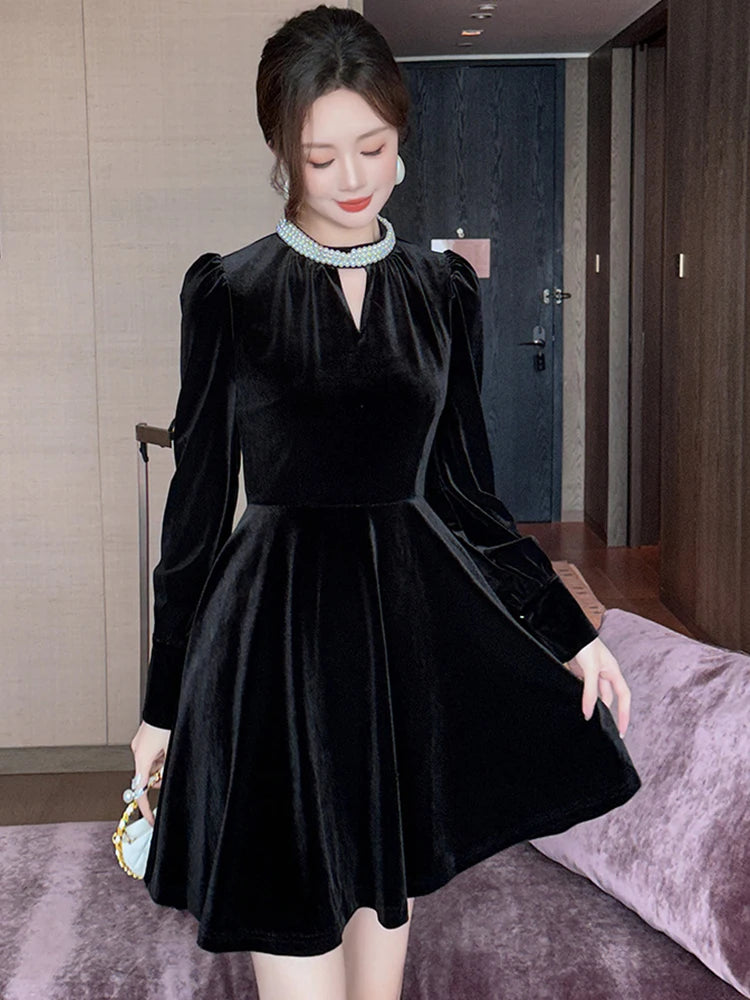 Black Velvety Puff Sleeve Dress With