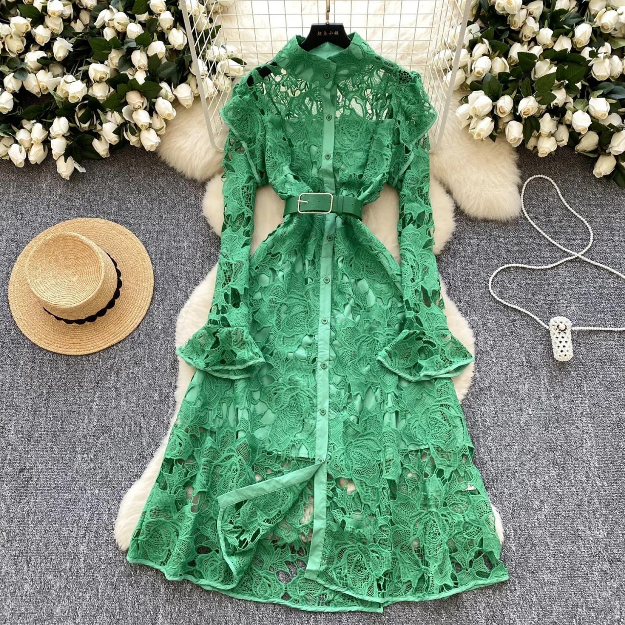 Green Lace Long-sleeve Buttoned Dress With Belt