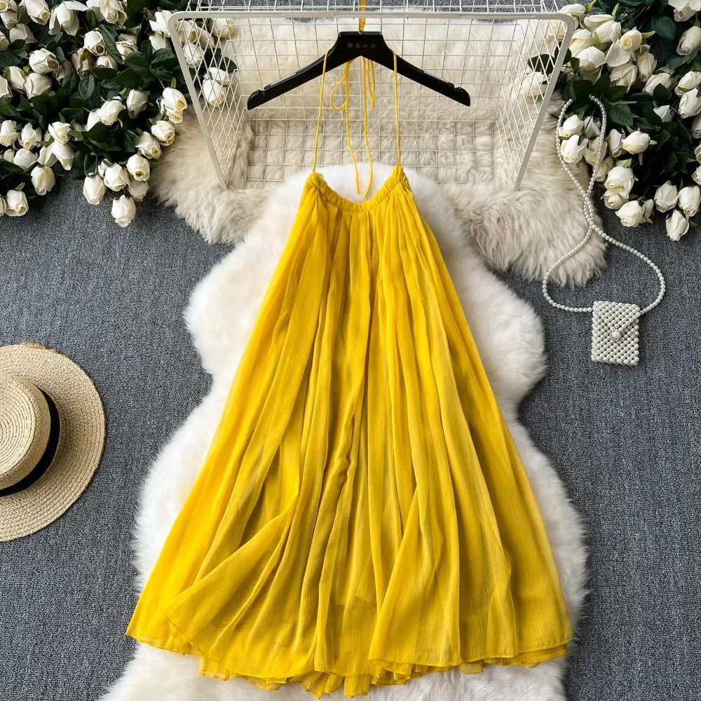 Summer Yellow Flowy Halter Maxi Dress