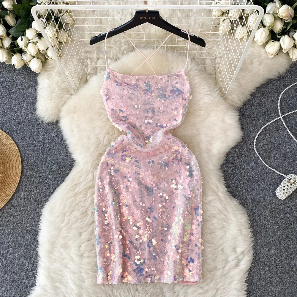 Sparkling Sequin Pink Mini Dress With Straps on Luulla