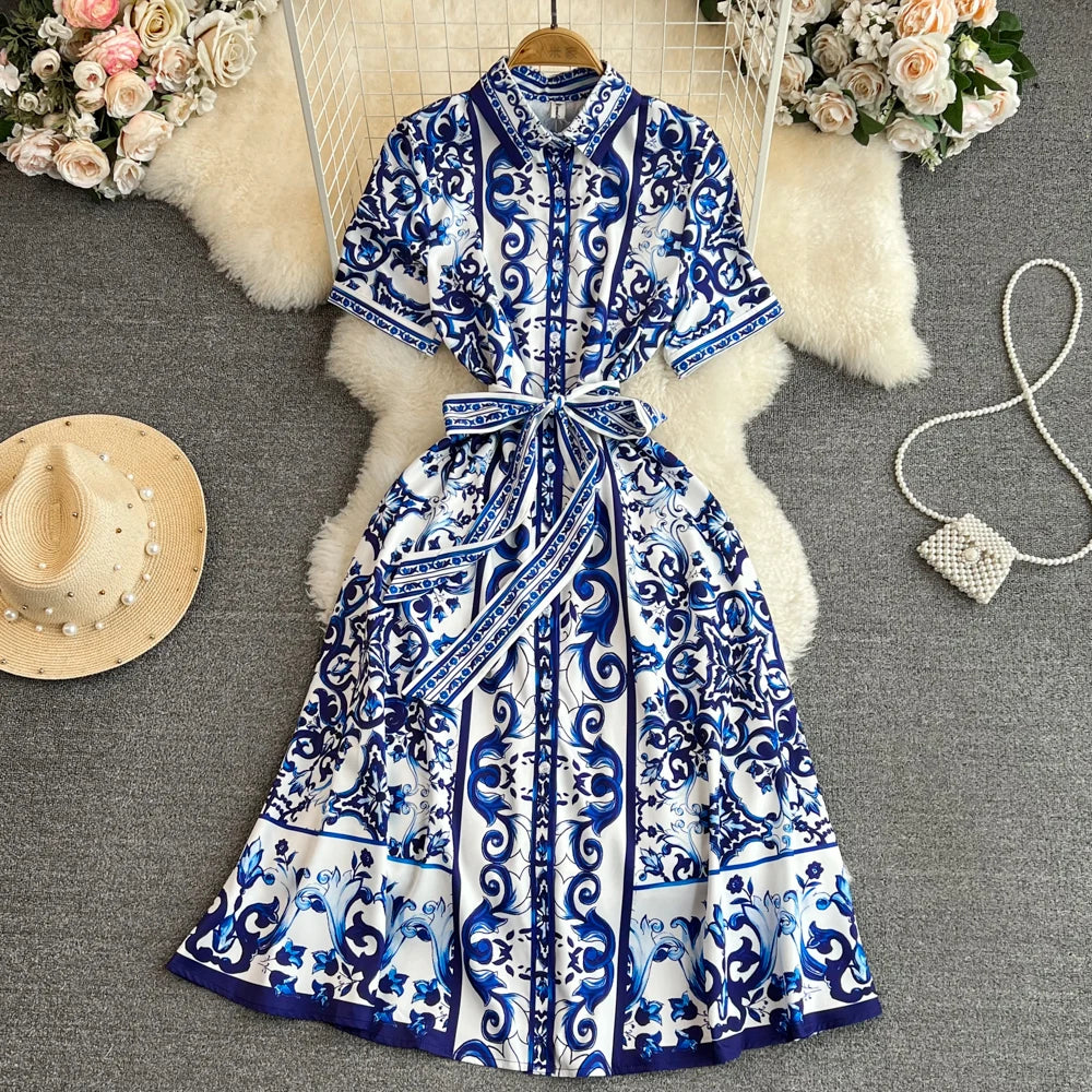 Floral Print Button-down Belted Shirt Dress on Luulla