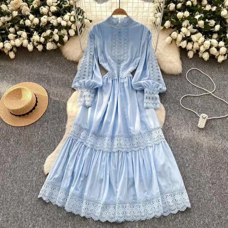 Lace Trim Long Sleeve Blue Maxi Dress on Luulla