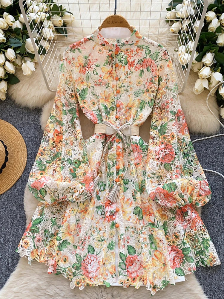 Floral Belted Dress With Long Balloon Sleeves