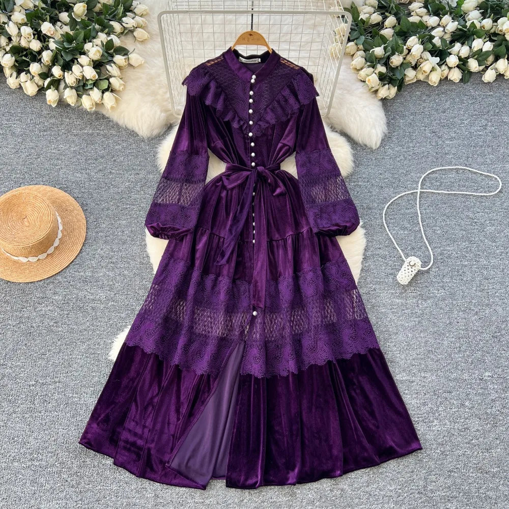 Vintage Purple Lace-Up Maxi Dress with Buttons