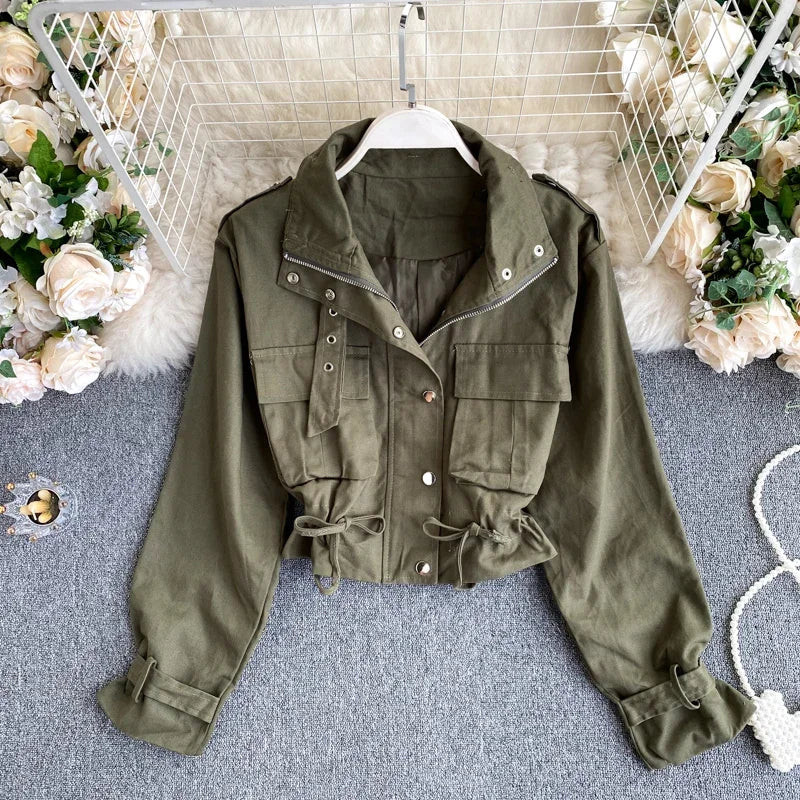 Womens Olive Green Cropped Utility Jacket Stylish on Luulla