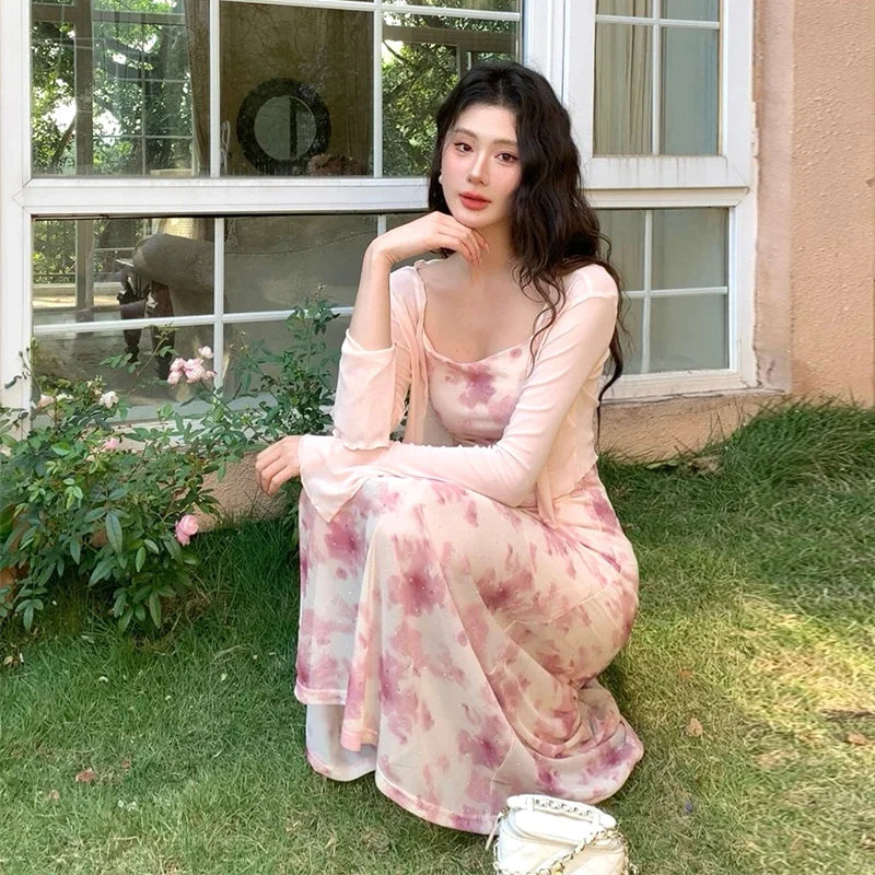 Floral Pink Long Sleeve Tie-dye Maxi Dress