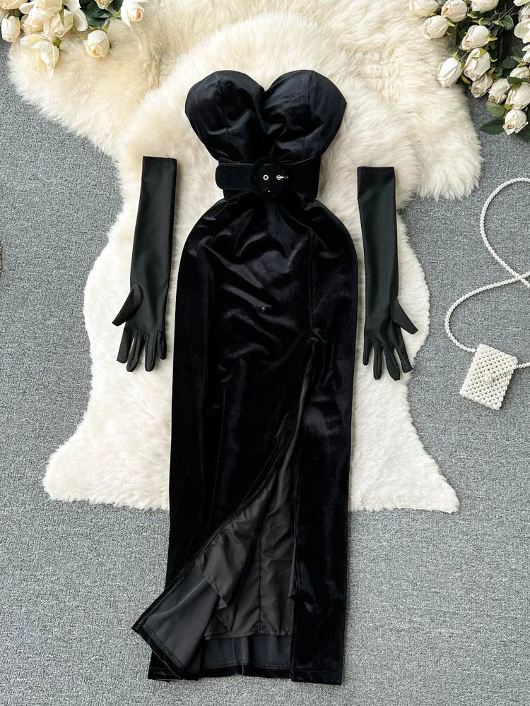Strapless Black Velvet Dress With Gloves Included