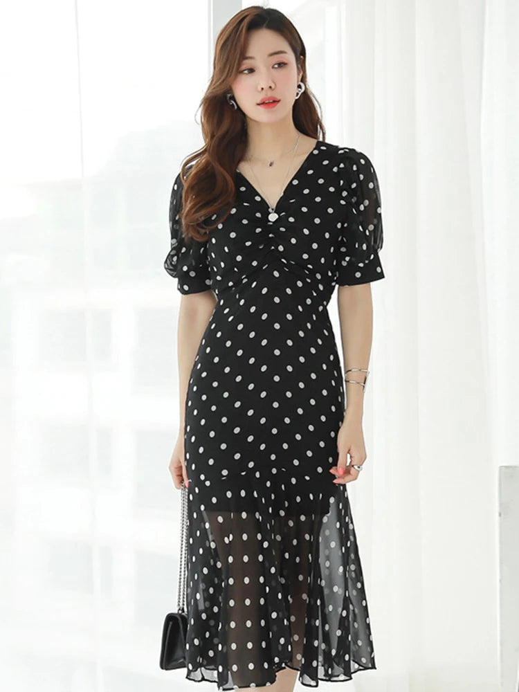 Polka Dot Chiffon Dress with Flared Hem
