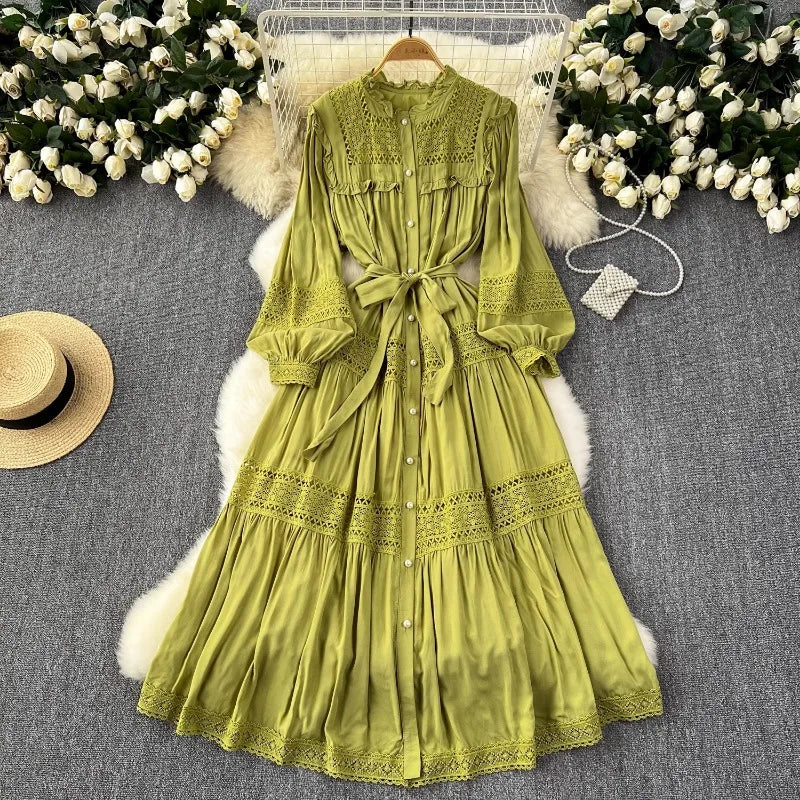 sincerely jules green dress Jameela Olive Green Full Lace Open Abaya 3pcs Set (Inner, Belt & Hijab main image 0