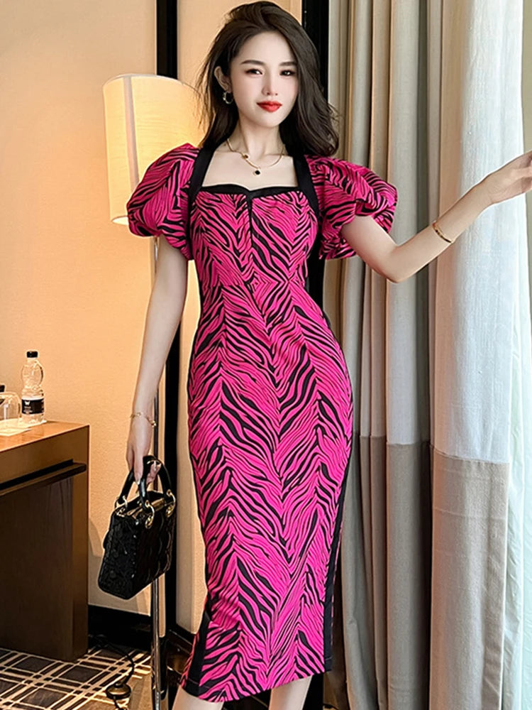Zebra Print Puff Sleeve Midi Bodycon Dress