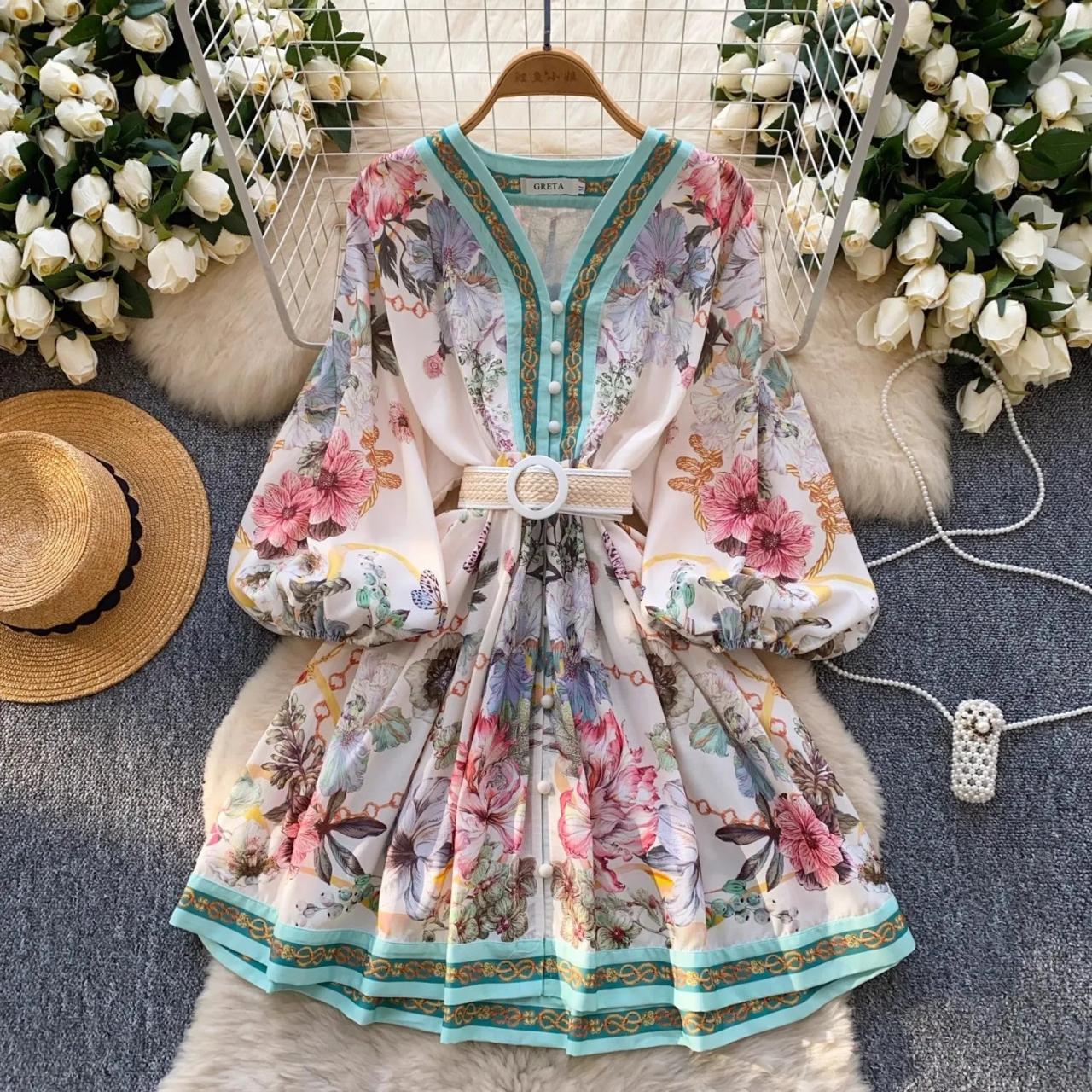 Floral Kimono Dress with Belted Waist Design