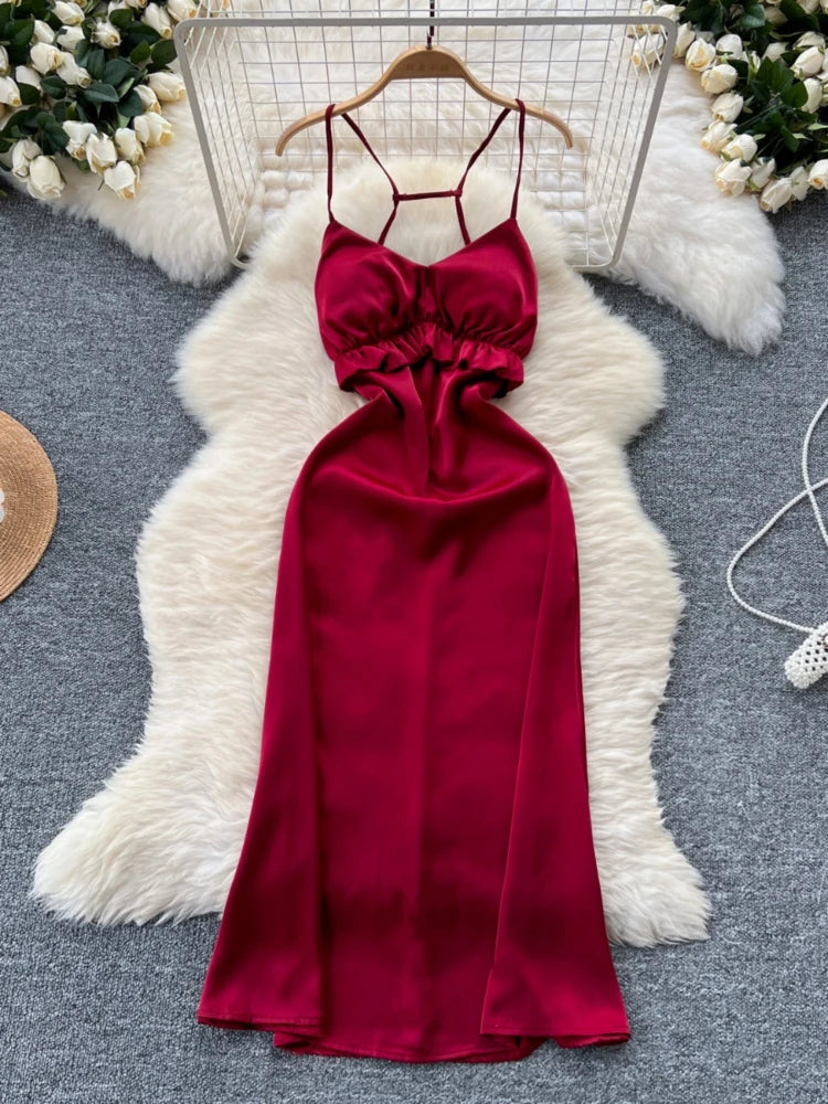 Strappy Satin Burgundy Dress With Ruched