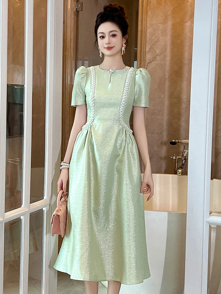 Mint Puff Sleeve Pearl Trim Party Dress