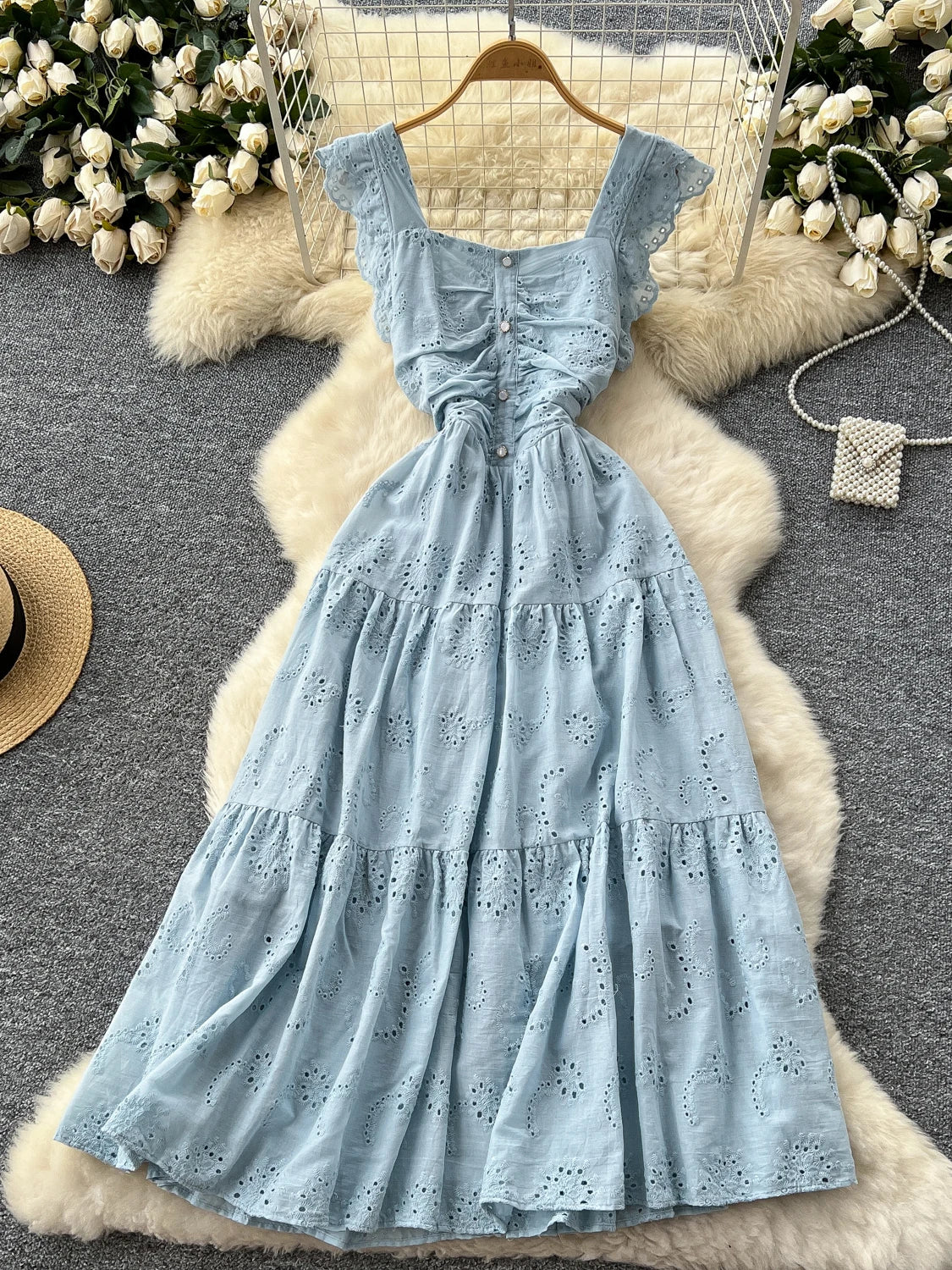 knee length dresses for ladies Blush & Coral Eyelet Flutter Sleeve Smocked Midi Dress – Sail to Sable main image 1