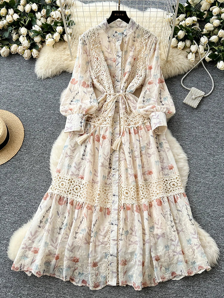 Floral Lace Button-down Long Sleeve Maxi Dress