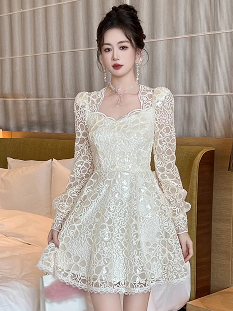 Lace Heart Pattern Long Sleeve Mini Dress