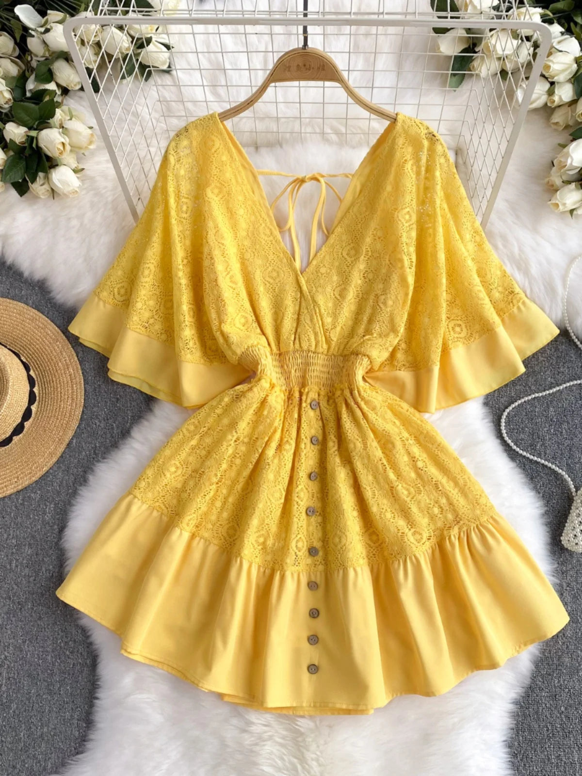 Vintage Yellow Lace Buttoned V-neck Dress on Luulla