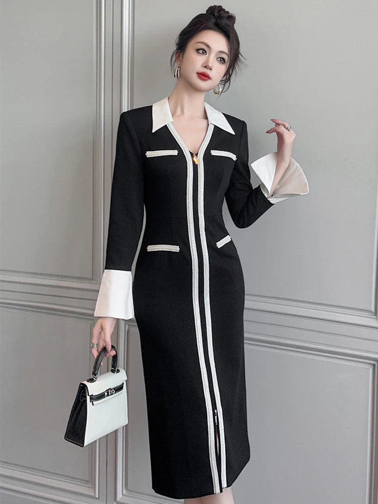 Womens Black Long Sleeved Zippered Midi Dress