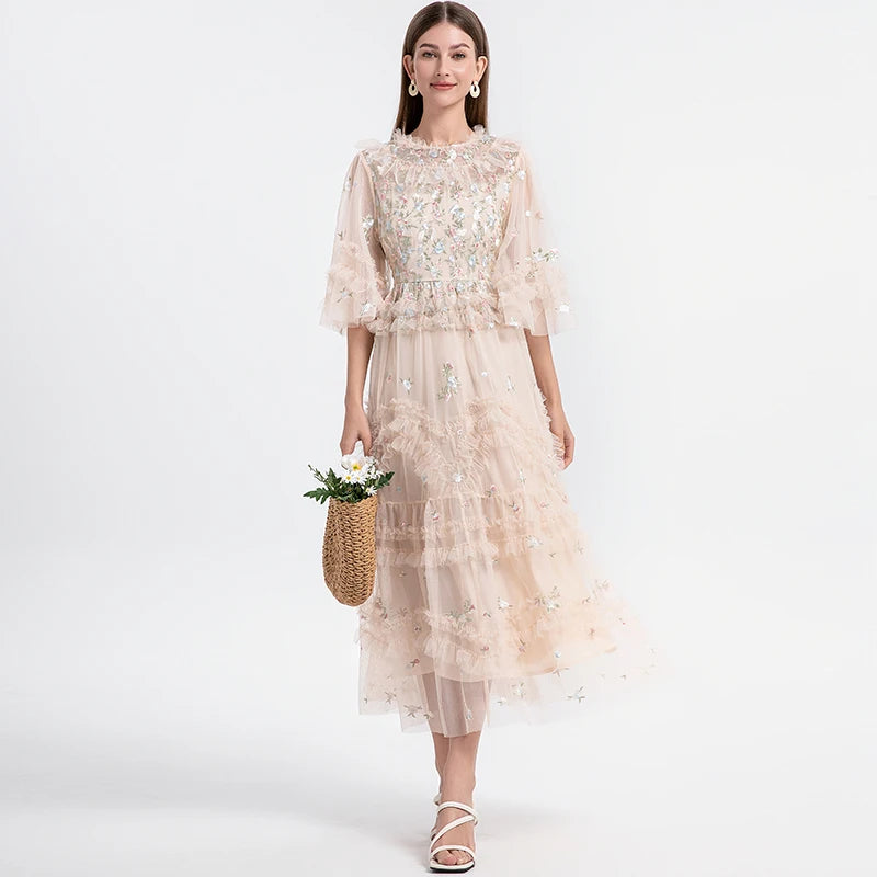 Floral Embroidered Half-sleeve Mesh Maxi Dress on Luulla