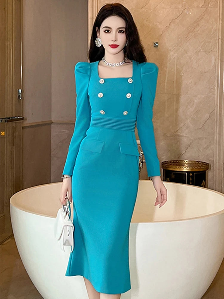 Double-breasted Turquoise Dress With Puffed Shoulders