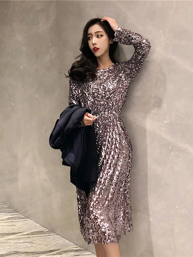 Sparkling Sequin Long Sleeve Midi Party Dress