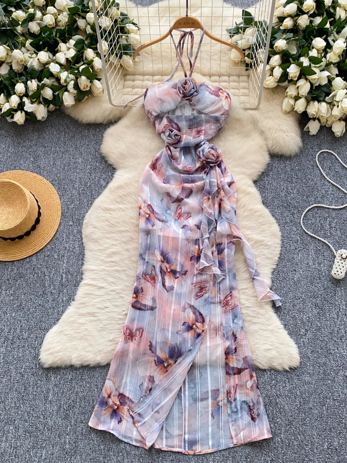 Floral Halter Maxi Dress With Floral Accents