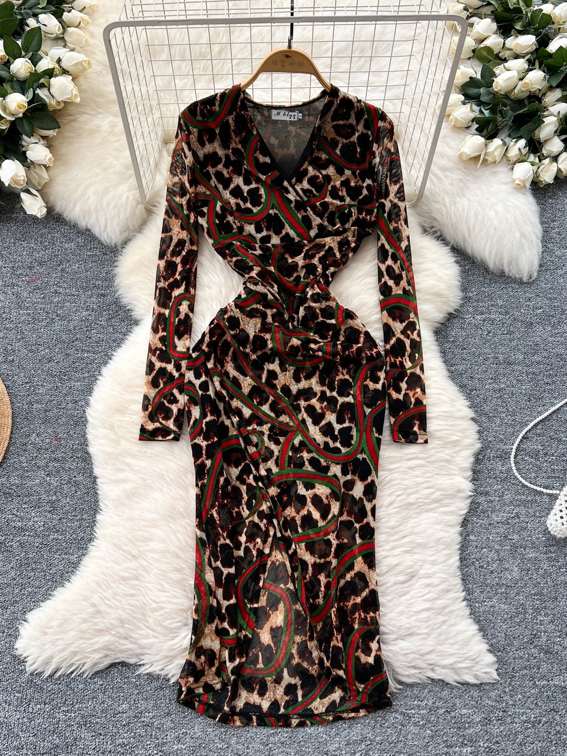 knee length dresses for ladies Green-Leopard Wrap Midi-Dress main image 0