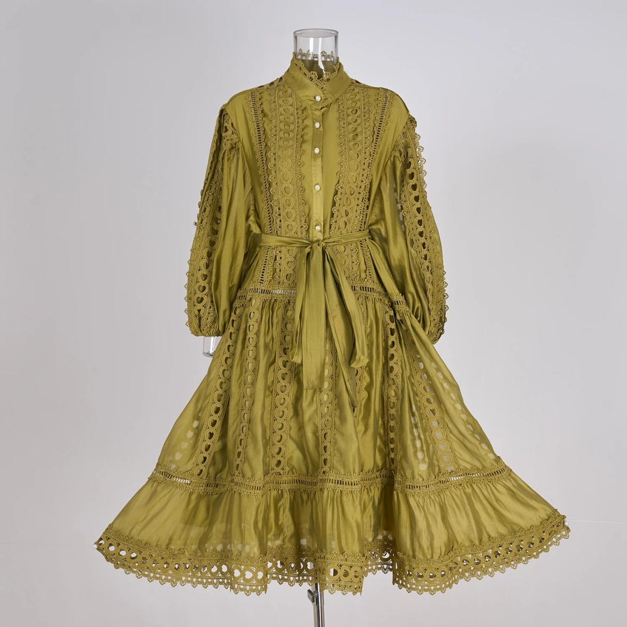 Olive Green Lace Button-down Midi Dress