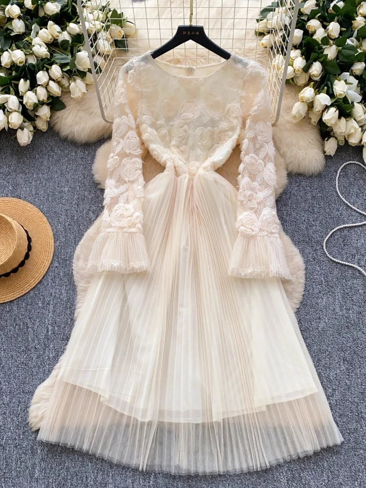 Long Sleeve Lace Floral Pleated Party Dress