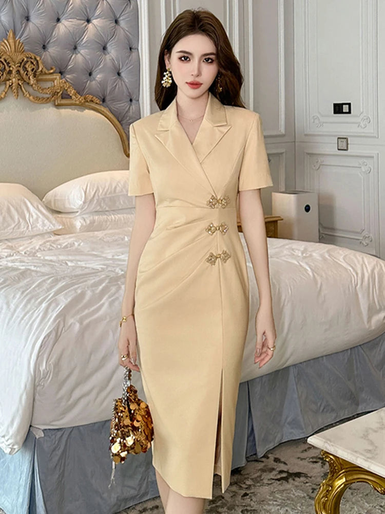 beige dress with buttons Womens button up dress, A-Line Beige dress, Semi-formal midi shirt dress, Swing fall autumn dress,Work dress, Custom dress, Xiaolizi 5674#