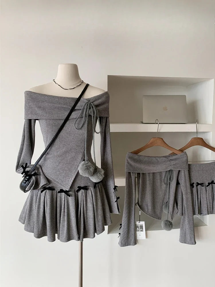 grey ribbed off the shoulder dress Long Sleeve Off The Shoulder Mini Dress In Grey | EGO US