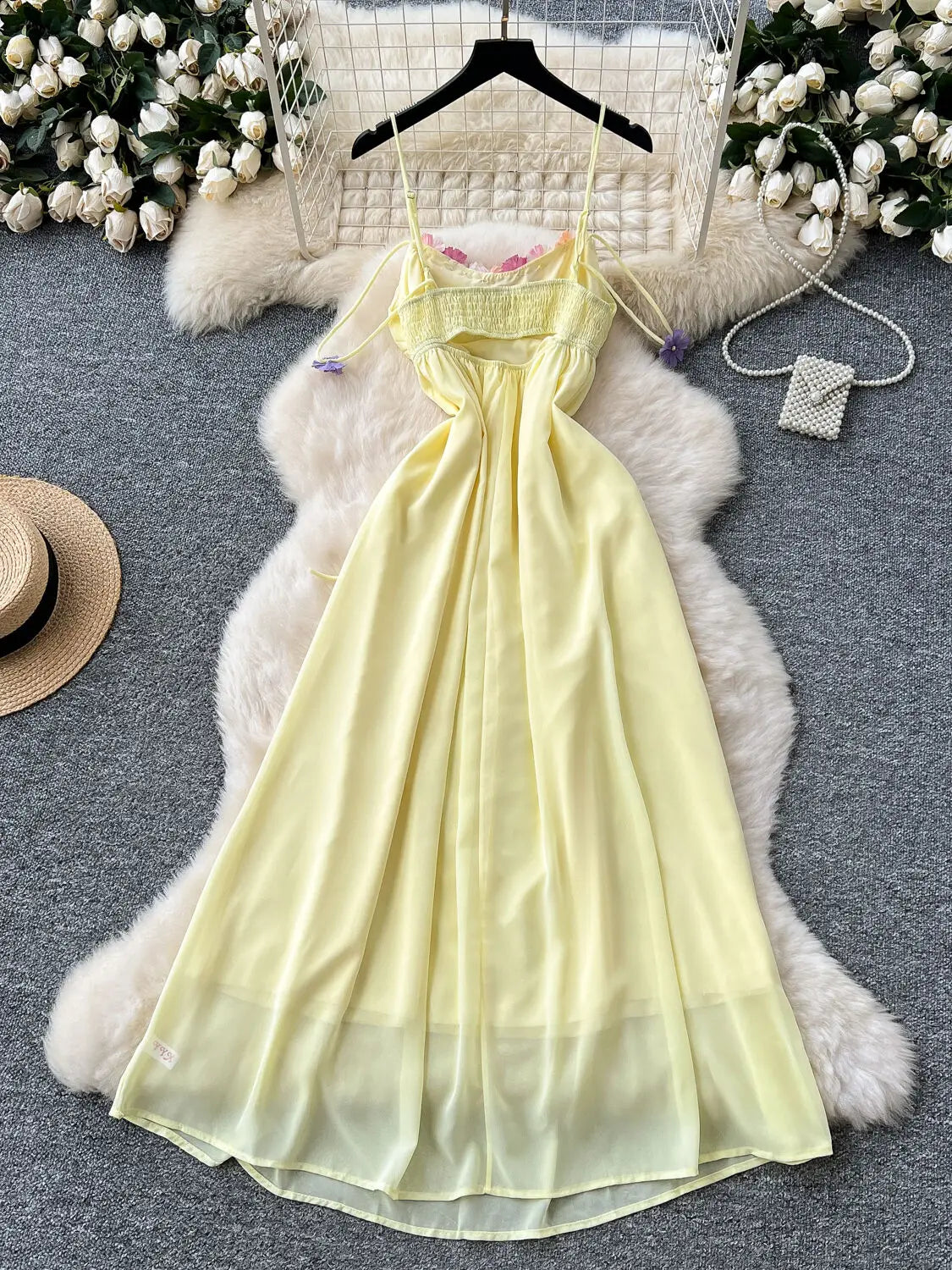 Yellow Floral Flowy Dress With Delicate Straps on Luulla