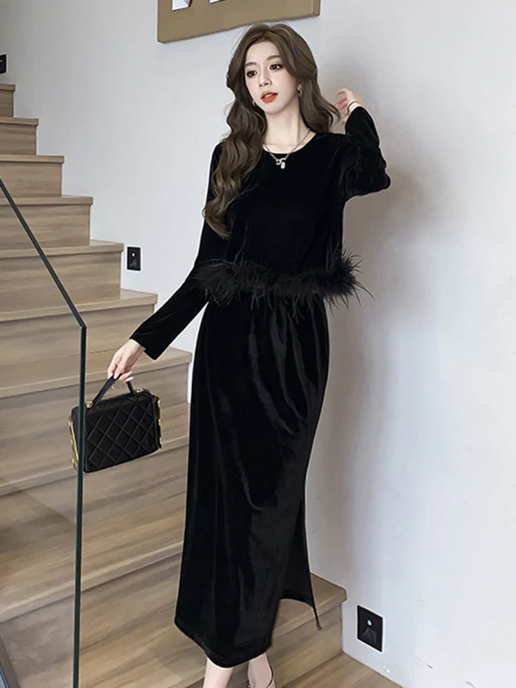 Long Black Velvet Dress With Feather Trim on Luulla
