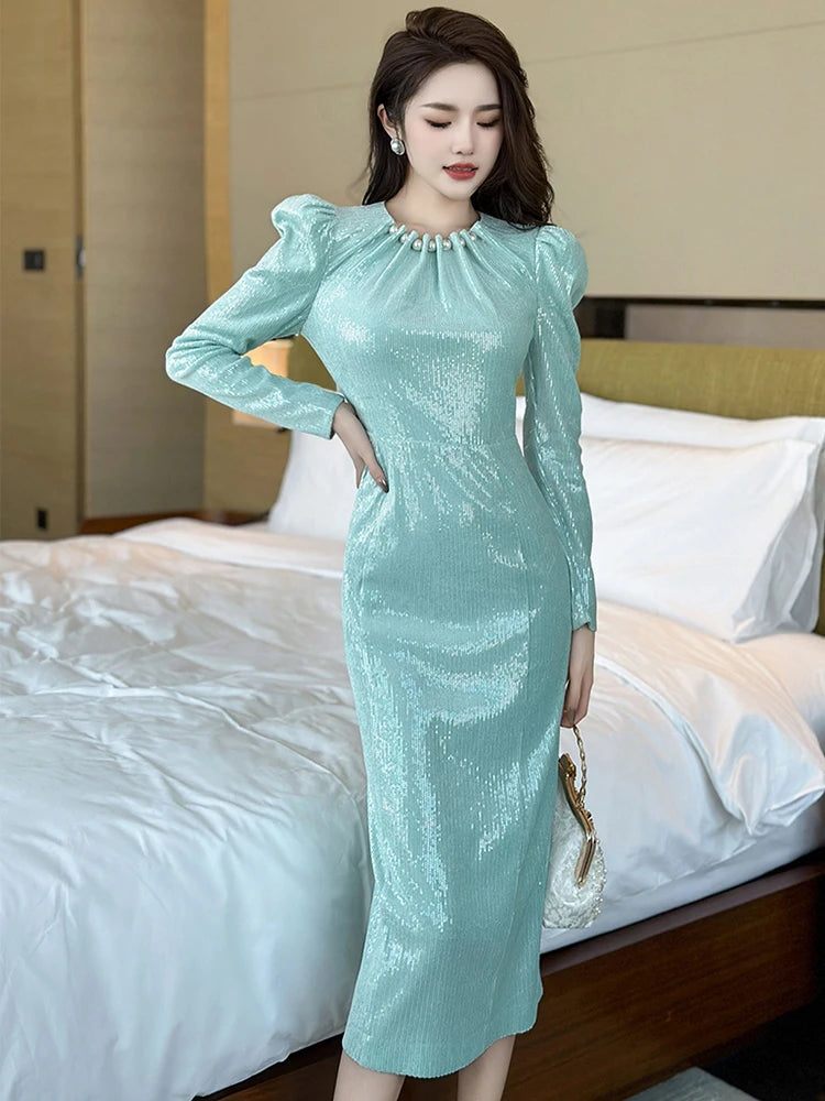 knee length dresses for ladies Black Sparkly Long Sleeve Ruched Bodycon Midi Dress – AX Paris main image 0