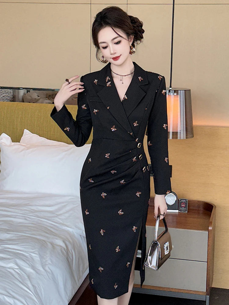 Double-breasted Floral Embroidered Blazer Dress