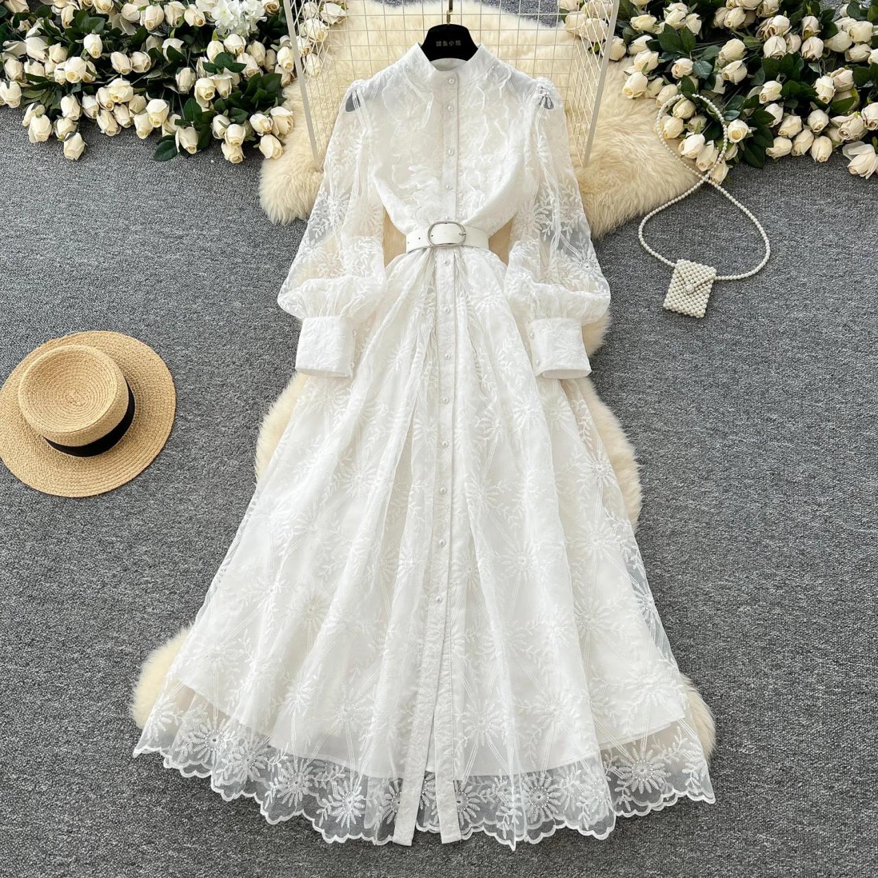 Vintage White Lace Belted Long Sleeve Dress