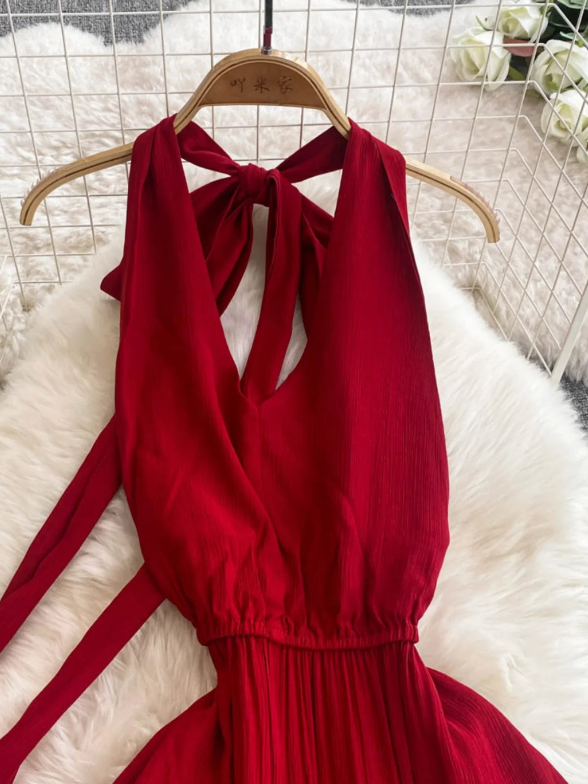 chinese dress ladies Embellished Halter Neck Ruffle Maxi Dress in Red - 10