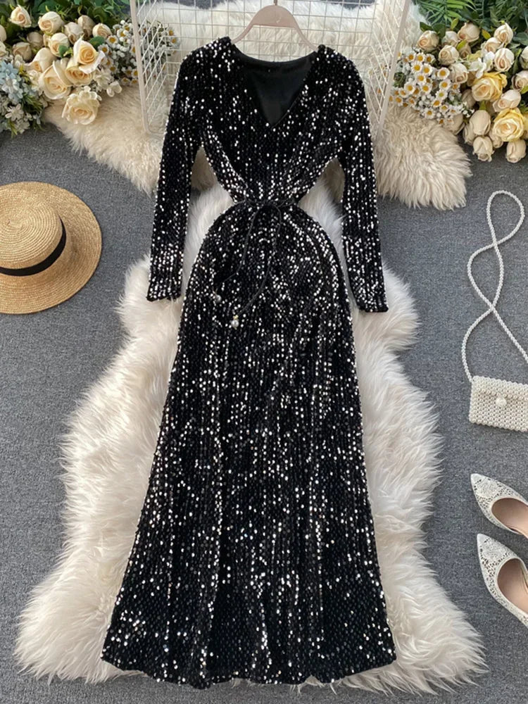 belted sequin wrap dress DKRX Lantern Sleeve Wrap Belted Sequin Dress