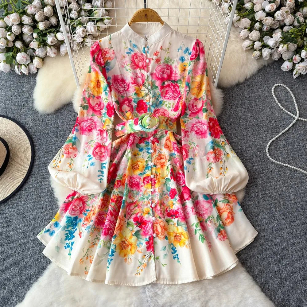 Floral Print Long-sleeved Belted Midi Dress on Luulla