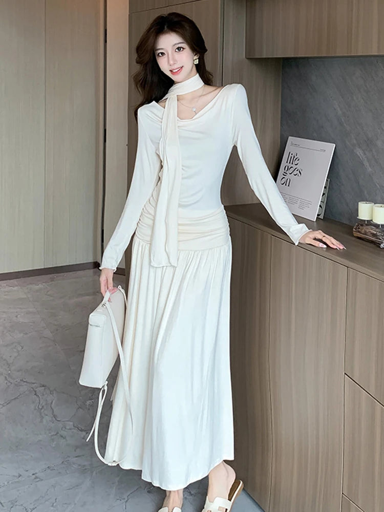 Long Sleeve White Dress With Stylish Scarf