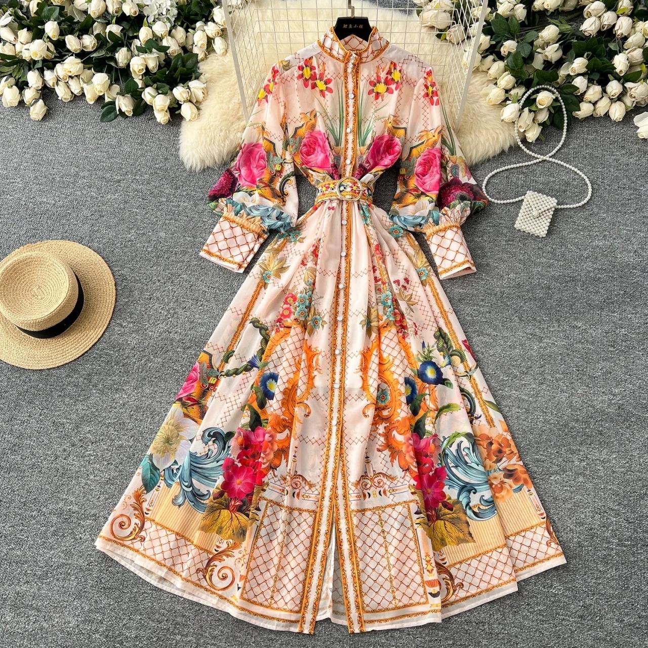 chinese dress ladies Floral Fantasy: Lace-Up Mermaid Hem Ruched Maxi Dress main image 1