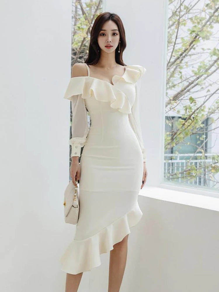 Off-shoulder Ruffle Asymmetrical Dress With Sleeves